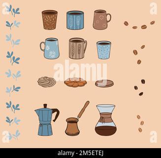 Coffee themed icons set. Beans, cups, cookies, manual brewers. Vector illustration. Great for coffee shop, cafe, fika accessories Stock Vector