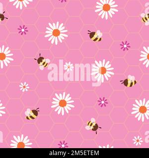 Seamless vector pattern with flowers and bees on a pink honeycomb textured background, great for kid products. Vector illustration Stock Vector