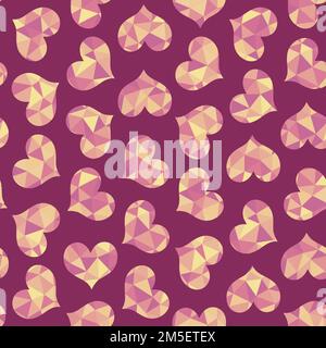 Hearts textured with triangles, seamless vector pattern, shades of warm pink and yellow. Great for backgrounds, textile, packaging Stock Vector
