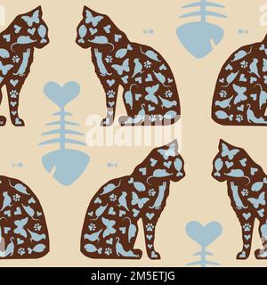 Vector seamless repeat pattern with cats and what they love. Vector illustration. Stock Vector