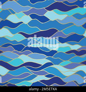 Stylized ocean waves with gold lining seamless vector pattern. Great for textile, packaging, wrapping paper Stock Vector
