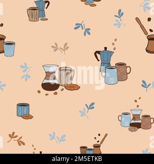 Coffee themed seamless vector pattern. Cups, cookies, coffee beans, manual coffee brewers. Vector illustration. Great for coffee shop, cafe, fika accessories Stock Vector