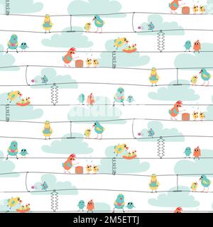 Pastel happy bird families on wires, seamless vector pattern. Great for kids products, textile, wrapping, packaging Stock Vector
