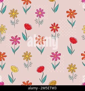 Seamless vector pattern with simplistic abstract flowers. Greai for textile, packaging Stock Vector