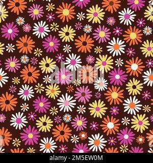 Retro colored floral seamless vector pattern, on brown background. Vector illustration Stock Vector