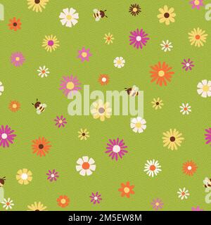 Seamless vector pattern with flowers and bees on a green grass like textured background, great for kid products. Vector illustration Stock Vector