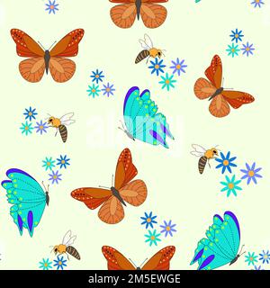 Spring seamless vector pattern. Butterflies flowers and bees on a light background. Stock Vector