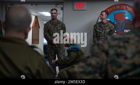 U.S. Marines with 1st Battalion, 10th Marine Regiment, 2d Marine Division, brief Israeli Defense Force (IDF) leaders on Marine Corps artillery employment during a visit of IDF leaders to Camp Lejeune, North Carolina, March 9, 2022. The purpose of the visit was to exchange fire support employment considerations and artillery best practices. Stock Photo