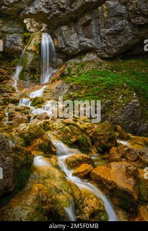 The upper section of Gordale Beck Waterfall through Gordale Scar in North Yorkshire. Stock Photo