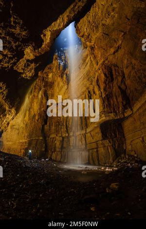 The main cavern of Gaping Gill cave near Ingleborough in North Yorkshire Stock Photo