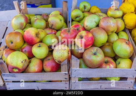 Organic Apples in Wooden Crates Farmers Market Stock Photo