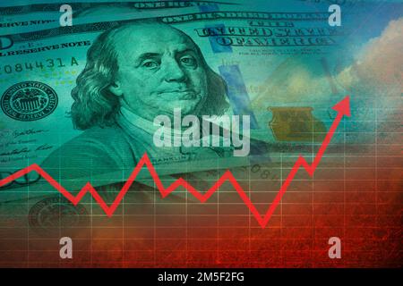 Financial graph with Benjamin Franklin one hundred dollar bills and a textured background Stock Photo
