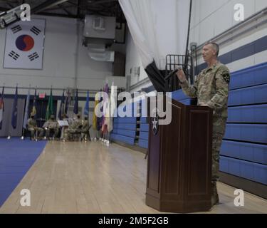 Maj. Gen. David Lesperance, Commanding General, 2nd Infantry Division makes remarks during a transfer of authority ceremony on Camp Hovey, Republic of Korea, March 10, 2022. The transfer of authority ceremony marked the completion of 3rd Armored Brigade Combat Team's rotation and the assumption of the rotational brigade mission by the 'Ready First Combat Team'. Stock Photo