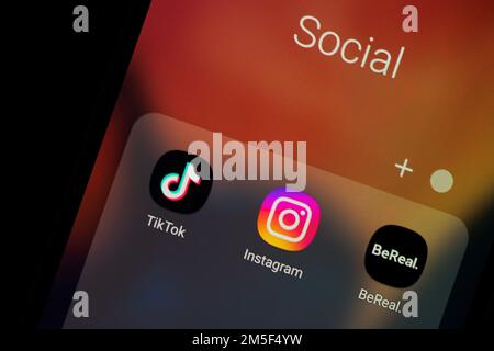 Social Media App icons - TikTok, Instagram and BeReal Stock Photo