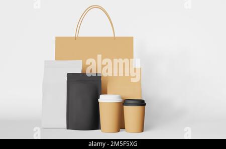 Paper Pouch Bag Coffee Cup Falling Beans 3d Rendering. Coffee Shop 