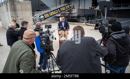 NORFOLK, Va. (Mar. 10, 2022) — Secretary of the Navy Carlos Del Toro speaks to the media following a visit to the Ford-class aircraft carrier USS Gerald R. Ford (CVN 78) March 10, 2022. Secretary Del Toro is in Norfolk for the 100th celebration of Navy aircraft carriers and to conduct a roundtable with senior female leadership during Women’s History Month. Stock Photo