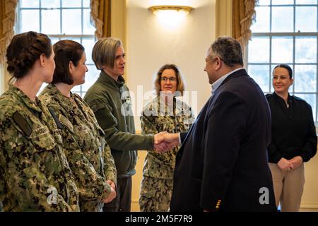 NORFOLK, Va. (Mar. 10, 2022) — Secretary of the Navy Carlos Del Toro greets Sailors following a female senior leadership round table discussion, March 10, 2022. Secretary Del Toro is in Norfolk for the 100th celebration of Navy aircraft carriers and to meet with senior female leadership during Women’s History Month. Stock Photo