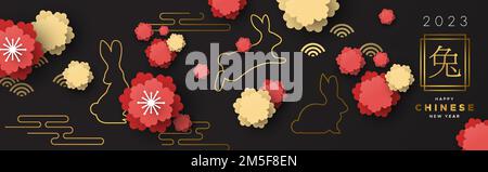 Chinese new year 2023 of the rabbit black web banner illustration with traditional asian papercut flowers, outline bunny and clouds in gold color, lay Stock Vector