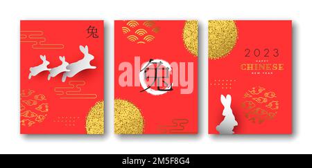 Chinese new year 2023 of the rabbit greeting card set of abstract asian decoration in gold glitter. Red celebration background with traditional clouds Stock Vector