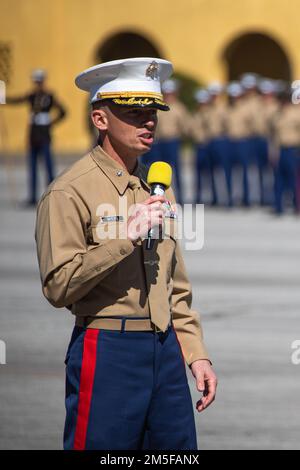 U.S. Marine Corps Lt. Col. Daniel R. Myers, the Commanding Officer of 2nd Recruit Training Battalion, gives a speech during a graduation ceremony for Echo Company, 2nd Recruit Training Battalion, at Marine Corps Recruit Depot San Diego, March 11, 2022. Following graduation, the Marines were given 10 days of leave before taking the next step in training at the School of Infantry at Marine Corps Base Camp Pendleton, Calif.