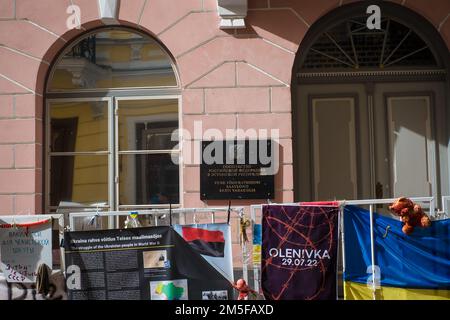 Tallinn, Estonia - September 4, 2022: Protest against Ukrainian war in front of Russian Embassy in Tallinn. Stock Photo