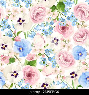 Seamless pattern with pink, white, and blue pansy flowers, lisianthus flowers, bluebells, and forget-me-not flowers on a white background. Vector illu Stock Vector