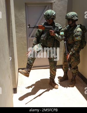 A Rwanda Defence Force Soldier kicks a door in while in training to enter and clear a room, March 11, 2022, in Isiolo, Kenya. Justified Accord allows the U.S. and our African partners to support enduring peace and stability in the region. Over 800 personnel are participating in the exercise which includes a multinational field training exercise and a command post exercise. Stock Photo