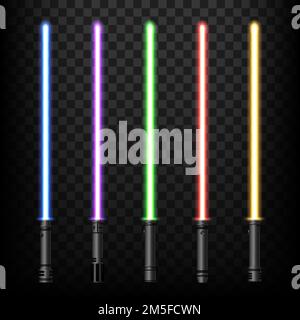 Light swords, glow sabers set. Isolated vector blue, purple, green, yellow and red laser jedi neon glowing sabres for star fights in space. Melee weapon with beams or rays for combat Stock Vector