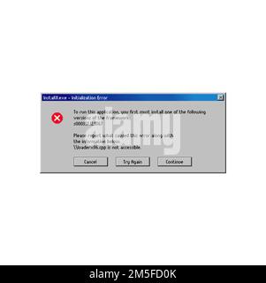 Error message window, application installation, vector PC popup notification. Install run and initialization error message window for computer framework with buttons to Cancel, Continue and Try Again Stock Vector