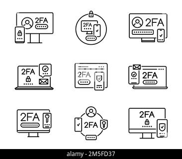2FA. Two factor verification icons. User authentication, account security and login safety, access protection with password, security code in SMS, cellphone notification or email message outline icon Stock Vector