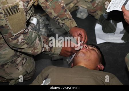 A Soldier with 3rd Squadron, 61st Cavalry Regiment, 2nd Stryker Brigade Combat Team, 4th Infantry Division, simulates rendering care to a casualty during a tactical combat casualty care course March 11 at Fort Carson, Colorado.   TCCC teaches life saving techniques to Soldiers for use in the battlefield. Stock Photo