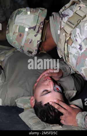 A Soldier with 3rd Squadron, 61st Cavalry Regiment, 2nd Stryker Brigade Combat Team, 4th Infantry Division, simulates rendering care to a casualty during a tactical combat casualty care course March 11 at Fort Carson, Colorado. TCCC teaches life saving techniques to Soldiers for use in the battlefield. Stock Photo