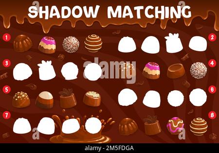 Shadow matching game. Chocolate praline and fudge, souffle and coconut, truffle and jelly, hazelnut candy or bonbon. Shadow match, silhouette find vector quiz vector worksheet with chocolate sweets Stock Vector