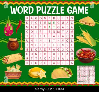 Mexican cuisine food crossword grid worksheet find a word quiz Vector