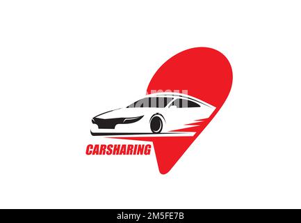 Carsharing service, car rent or taxi hire company icon. Renting automobiles, city transportation service app vector icon or sign with moving on speed coupe, navigation or route pin symbol Stock Vector