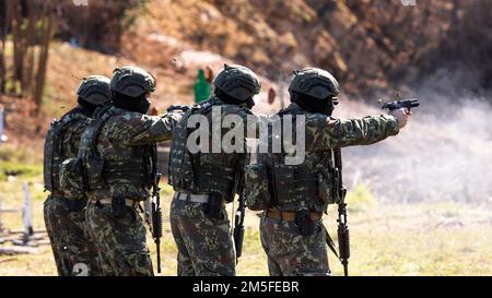 Albanian Special Forces soldiers exhibit their pistol marksmanship during a military demonstration at the Albanian Special Forces Headquarters in Albania, March 11th, 2022. Special Operations Command Europe recently made the decision to locate a forward-based SOF headquarters, on a rotational basis, in Albania with the HQ being focused on SOF command and control of SOCEUR’s engagements in the region, coordination of Joint Combined Exchange Training engagements, and Civil Military Support Element engagement planning. Stock Photo