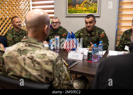 Albanian Land Forces Commander Brigadier General Arben Kingji meets with U.S. Special Operations Command Europe commander Maj. Gen. David Tabor to discuss current and future mil-mil cooperation at the Albanian Special Forces Headquarters in Albania, March 11th, 2022. Special Operations Command Europe recently made the decision to locate a forward-based SOF headquarters, on a rotational basis, in Albania with the HQ being focused on SOF command and control of SOCEUR’s engagements in the region, coordination of Joint Combined Exchange Training engagements, and Civil Military Support Element enga Stock Photo