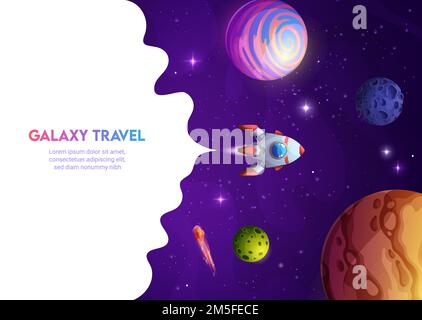 Space landing page space rocket in galaxy. Vector background with spaceship travel in Universe. Shuttle flying in alien world with planets, stars and white smoke frame. Futuristic cosmic exploration Stock Vector
