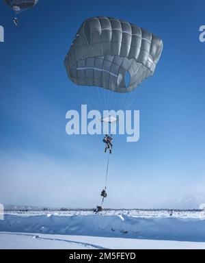 Soldier from United States Army Alaska along with members of the 3rd Battalion, Royal 22e Régiment Canadian Army parachute to the ground after jumping out of C-130 and C-17 aircraft over the training area of Fort Greely, AK during Joint Pacific Multinational Readiness Center 22-02 March 11, 2022. During JPMRC22-02 US Army Alaska joins with partner nations on multinational training exercises and interoperability as fundamental strategic and operational priorities to deter adversaries.   (Photo provided by Master Sailor Canadian Forces Combat Camera) Stock Photo