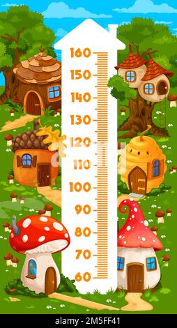 Kids height chart ruler with fairytale cartoon houses. Children height measure ruler, child growth measure vector meter with fantasy village dwellings, forest fairy tree, mushroom and hive homes Stock Vector