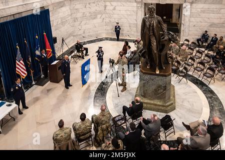 Charles M. Walker is promoted to the rank of major general during ceremony held in the Capitol Rotunda in Frankfort, Ky., March 12, 2022. Walker, who previously served as chief of staff for the Kentucky Air National Guard, is the director of the Office of Complex Investigations at the National Guard Bureau, Joint Base Andrews, Md. Stock Photo