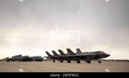 F-35B Lightning IIs, from U.S. Marine Corps Marine Operational Test and Evaluation Squadron One (VMX-1), sit next A-10 Thunderbolt IIs, from the Idaho Air National Guard’s 124th Fighter Wing, on the flightline at Gowen Field, Boise, Idaho, March 13, 2022. The Marine aviators were in Boise to train with pilots from the 190th Fighter Squadron. Stock Photo