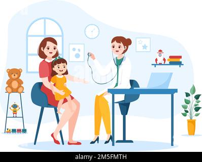Pediatrician Examines Sick Kids and Baby for Medical Development, Vaccination and Treatment in Flat Cartoon Hand Drawn Templates Illustration Stock Vector