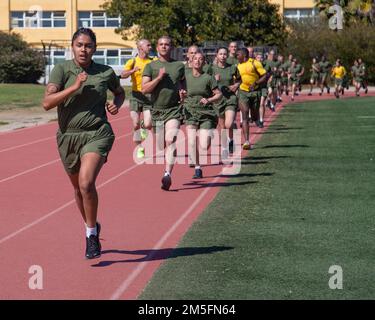 U.S. Marine Corps recruits with Golf Company, 2nd Recruit Training Battalion, run during a physical training event at Marine Corps Recruit Depot San Diego, March 14, 2022. After the run, recruits broke off into stations consisting of different exercises. Stock Photo