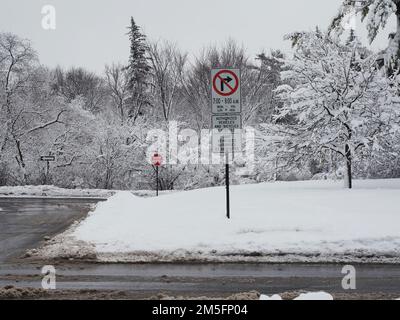 Canadian snow scene the week before Christmas. 'No right turn' road sign on Queen Elizabeth Drive in Ottawa. Stock Photo