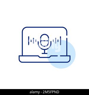 Listening to podcast on a laptop. Pixel perfect, editable stroke line icon Stock Vector