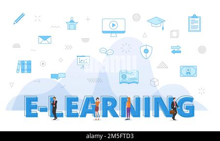 e-learning concept with big words and people surrounded by related icon spreading with blue color vector illustration Stock Photo