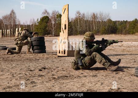 A U.S Paratrooper assigned to 3rd Brigade Combat Team, 82nd Airborne Division, and a Polish soldier from the 18th Mechanized Division engage targets during a combined training event in Nowa Deba, Poland, March 15. The 82nd Airborne Division is currently deployed to Poland to enhance its readiness and strengthen the NATO Alliance. Stock Photo