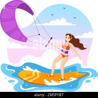 Kitesurfing Illustration with Kite Surfer Standing on Kiteboard in the Summer Sea in Extreme Water Sports Flat Cartoon Hand Drawn Template Stock Vector