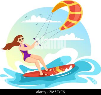 Kitesurfing Illustration with Kite Surfer Standing on Kiteboard in the Summer Sea in Extreme Water Sports Flat Cartoon Hand Drawn Template Stock Vector